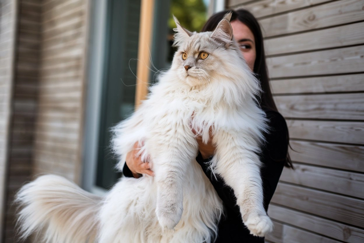 A playful Maine Coon kitten with thick fur and distinctive ear tufts exploring a garden filled with flowers.