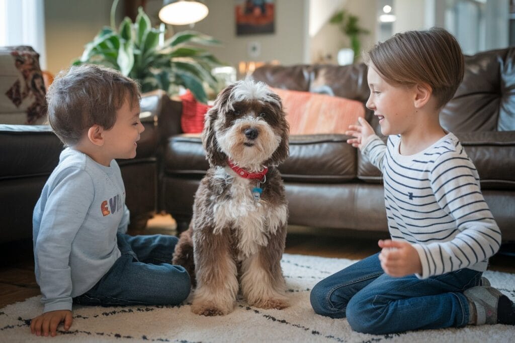 mini cockapoo full grown playing with children in a cozy home, showing affection and adaptability.