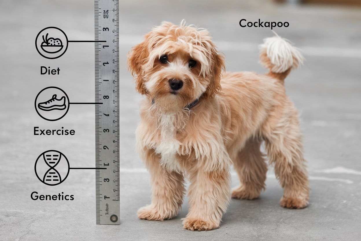 Mini Cockapoo next to a ruler showing height and weight variations with diet, genetics, and exercise symbols.