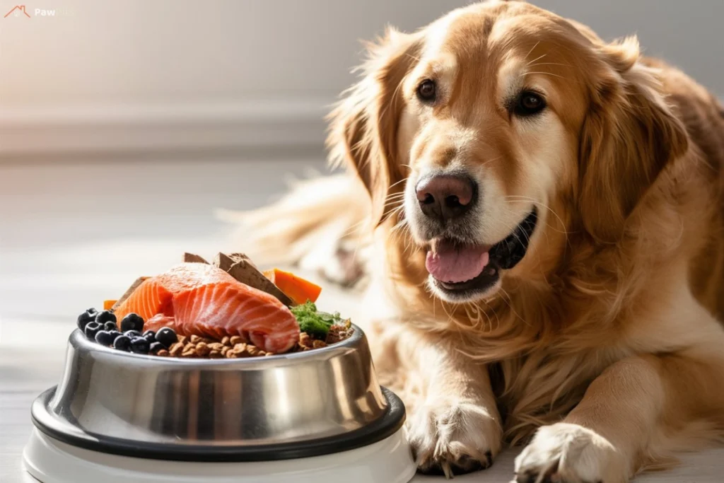 A healthy Golden Retriever with a shiny coat sitting next to a bowl of nutrient-rich dog food, including salmon, sweet potatoes, and blueberries.