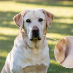 A well-groomed Labrador Retriever in a sunny yard, with a magnified inset showing a flea-free coat and natural flea prevention products nearby.