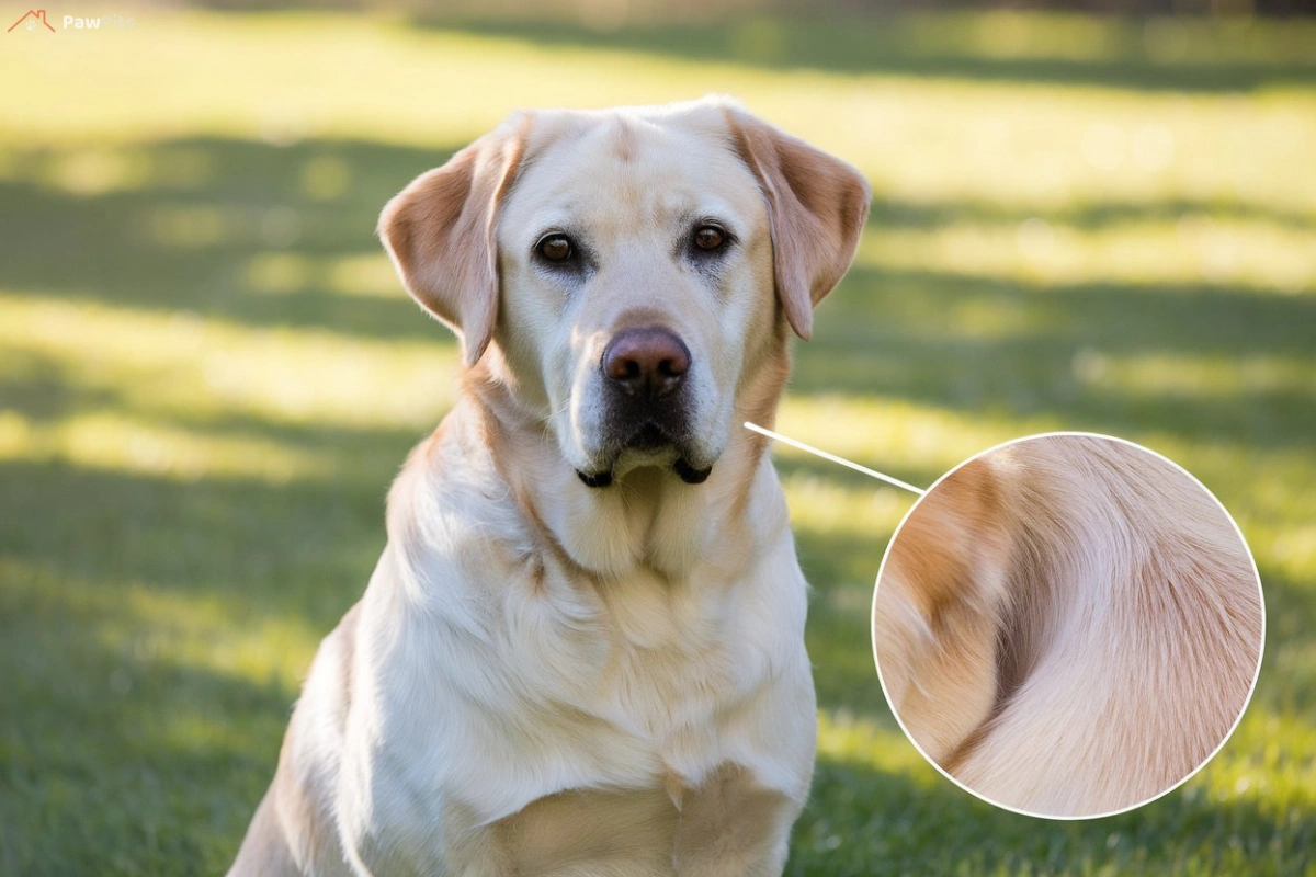 A well-groomed Labrador Retriever in a sunny yard, with a magnified inset showing a flea-free coat and natural flea prevention products nearby.