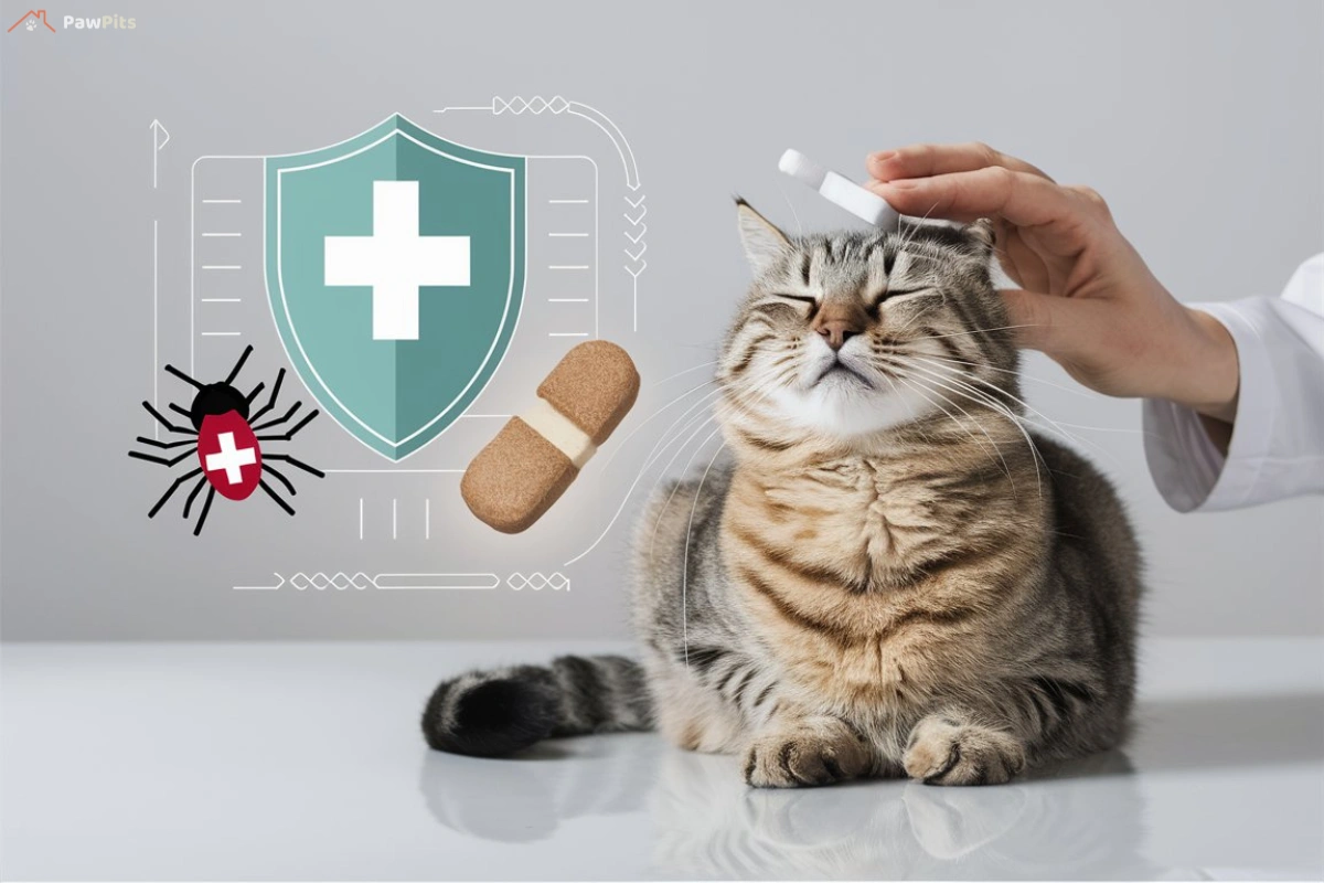 A happy cat sitting on a clean surface with an infographic showing NexGard for Cats’ flea protection and chewable tablet benefits.