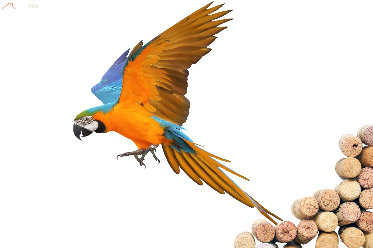 A parrot owner holds a variety of safe bird toys, including balsa wood and sisal rope.