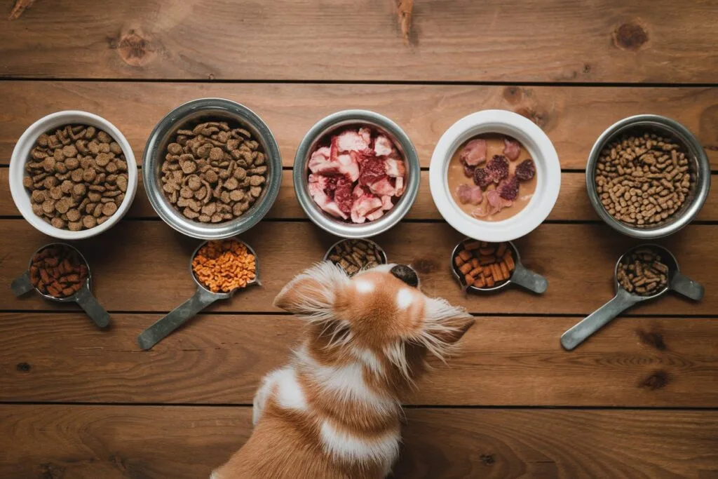 Best Dog Food for picky small breeds featuring a Yorkie sniffing a bowl of high-quality kibble with fresh ingredients like chicken and salmon.