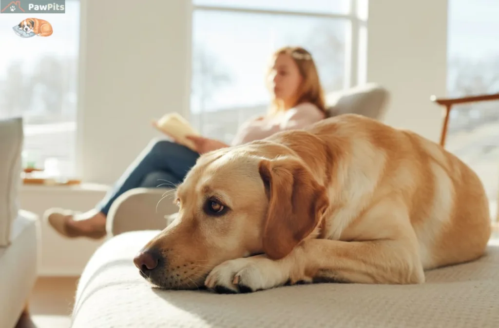 An anxious dog relaxing as its owner provides calm reassurance in a quiet home setting