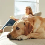 An anxious dog relaxing as its owner provides calm reassurance in a quiet home setting