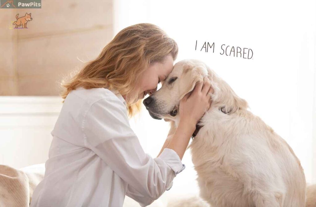 Dog peeing in the house while its owner calmly reacts in a home environment