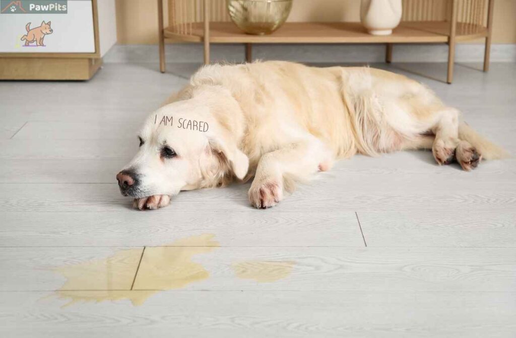 Dog peeing in the house with a confused expression after an indoor accident